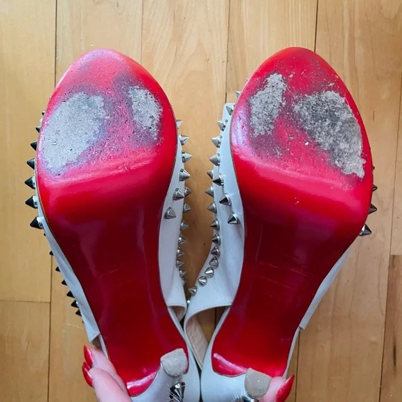 Authentic Christian Louboutin Lady Clou 150 White Studded Peep-Toe Heels